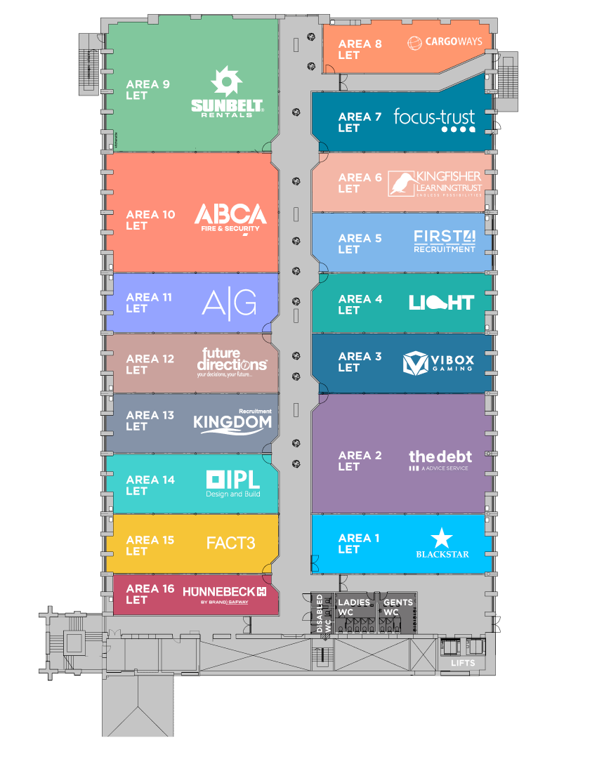 Tenant layout map for Ram Mill Business Centre in Oldham, featuring offices for businesses like Sunbelt Rentals, CargoWays, ABCA Fire & Security, and First4Recruitment, alongside available office spaces. Highlights include accessible facilities such as restrooms and lifts, ideal for businesses seeking a modern workspace in a thriving professional hub