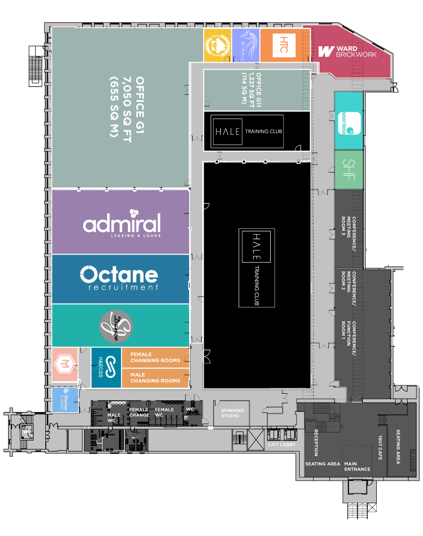 Floor plan of Ram Mill Business Centre in Oldham, detailing available office spaces, tenant locations such as Admiral Leasing, Octane Recruitment, and Hale Training Club, alongside shared facilities including conference rooms, 1907 Café, and changing areas. A comprehensive layout designed to meet diverse business needs in a modern workspace