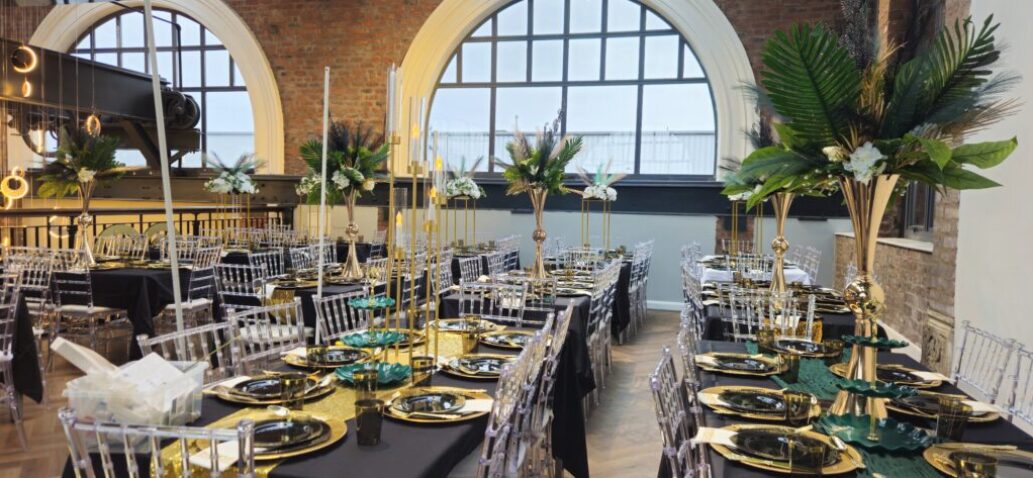 Luxurious catering setup at Heritage 1907, Ram Mill in Oldham, featuring vibrant drinks, desserts, and elegant floral decor for events