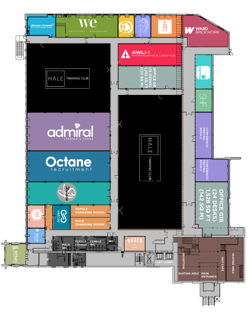 Floor plan of Ram Mill Business Centre in Oldham, detailing available office spaces, tenant locations such as Admiral Leasing, Octane Recruitment, and Hale Training Club, alongside shared facilities including conference rooms, 1907 Café, and changing areas. A comprehensive layout designed to meet diverse business needs in a modern workspace