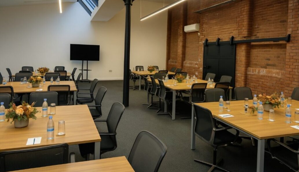 stylish meeting room at Ram Mill Business Centre in Oldham, featuring exposed brick walls, natural light from a skylight, modern furniture, and a large screen for presentations. Perfect for business meetings, workshops, and training sessions