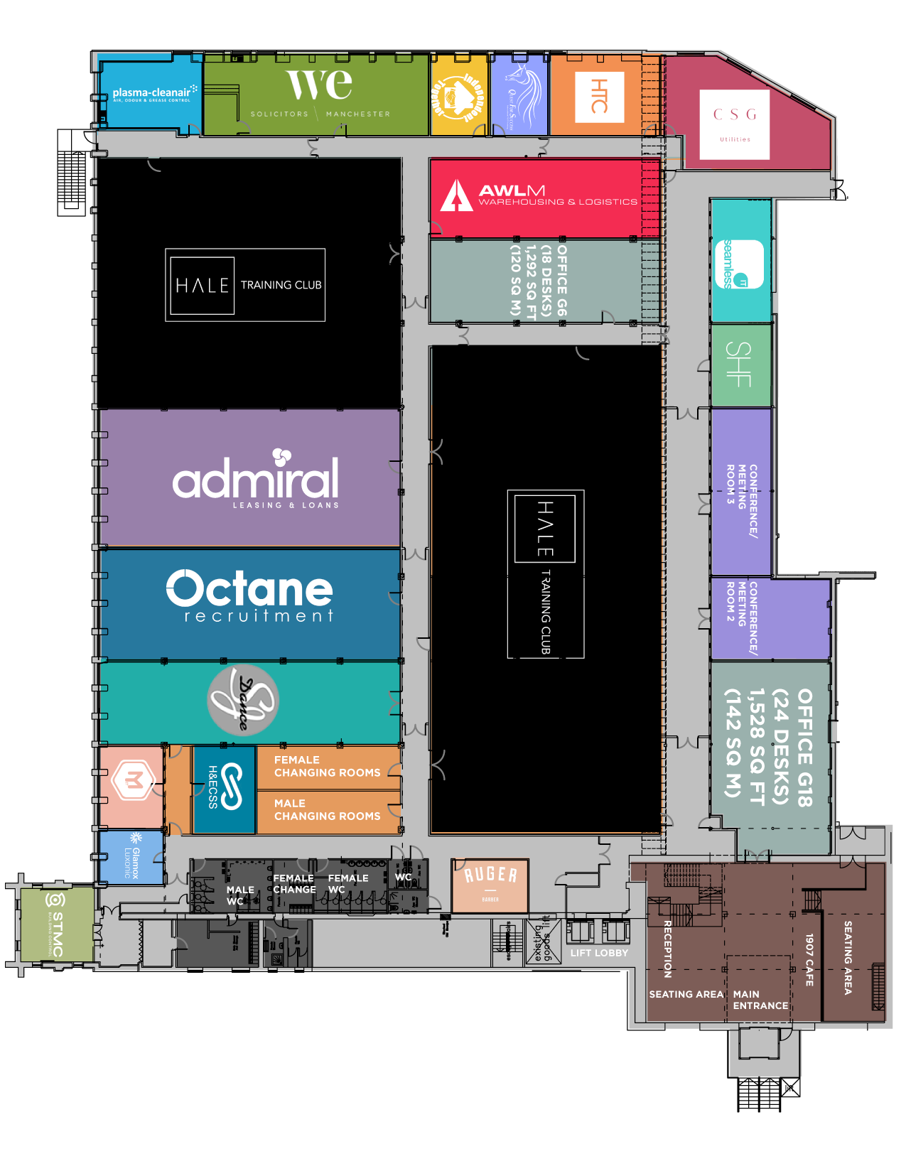 Floor plan of Ram Mill Business Centre in Oldham, detailing available office spaces, tenant locations such as Admiral Leasing, Octane Recruitment, and Hale Training Club, alongside shared facilities including conference rooms, 1907 Café, and changing areas. A comprehensive layout designed to meet diverse business needs in a modern workspace