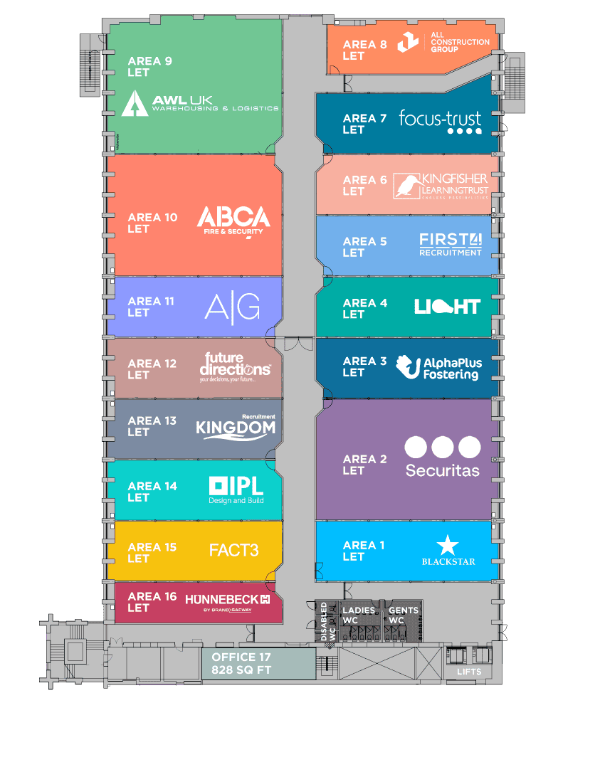 Tenant layout map for Ram Mill Business Centre in Oldham, featuring offices for businesses like Sunbelt Rentals, CargoWays, ABCA Fire & Security, and First4Recruitment, alongside available office spaces. Highlights include accessible facilities such as restrooms and lifts, ideal for businesses seeking a modern workspace in a thriving professional hub Tenant layout map for Ram Mill Business Centre in Oldham, featuring offices for businesses like Sunbelt Rentals, CargoWays, ABCA Fire & Security, and First4Recruitment, alongside available office spaces. Highlights include accessible facilities such as restrooms and lifts, ideal for businesses seeking a modern workspace in a thriving professional hub