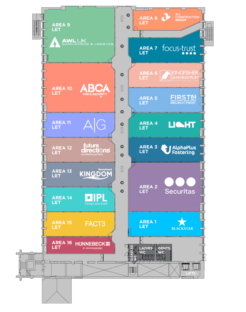 Tenant layout map for Ram Mill Business Centre in Oldham, featuring offices for businesses like Sunbelt Rentals, CargoWays, ABCA Fire & Security, and First4Recruitment, alongside available office spaces. Highlights include accessible facilities such as restrooms and lifts, ideal for businesses seeking a modern workspace in a thriving professional hub Tenant layout map for Ram Mill Business Centre in Oldham, featuring offices for businesses like Sunbelt Rentals, CargoWays, ABCA Fire & Security, and First4Recruitment, alongside available office spaces. Highlights include accessible facilities such as restrooms and lifts, ideal for businesses seeking a modern workspace in a thriving professional hub