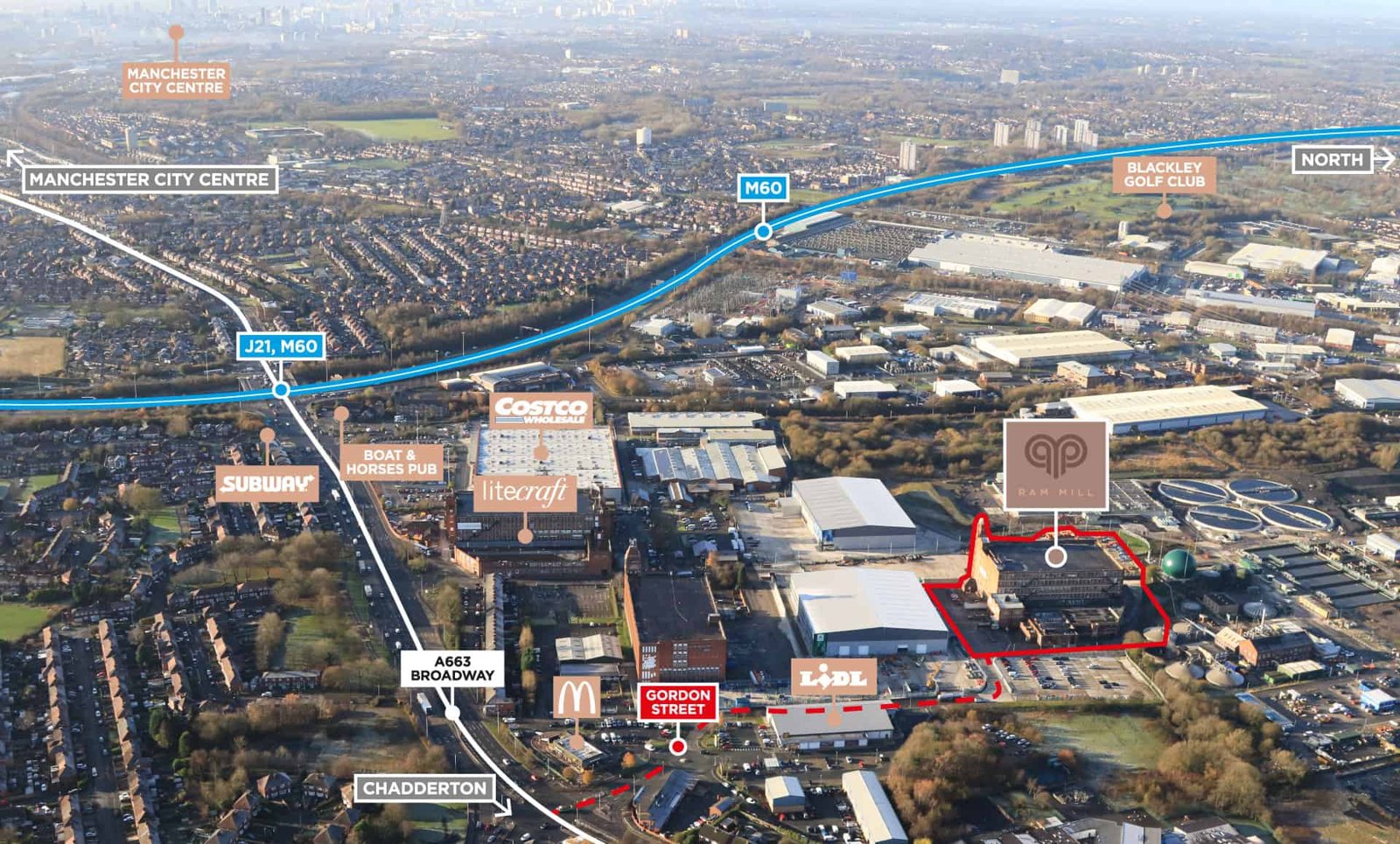 Aerial map showing Ram Mill's location and links to the M60, M62 and Manchester city centre